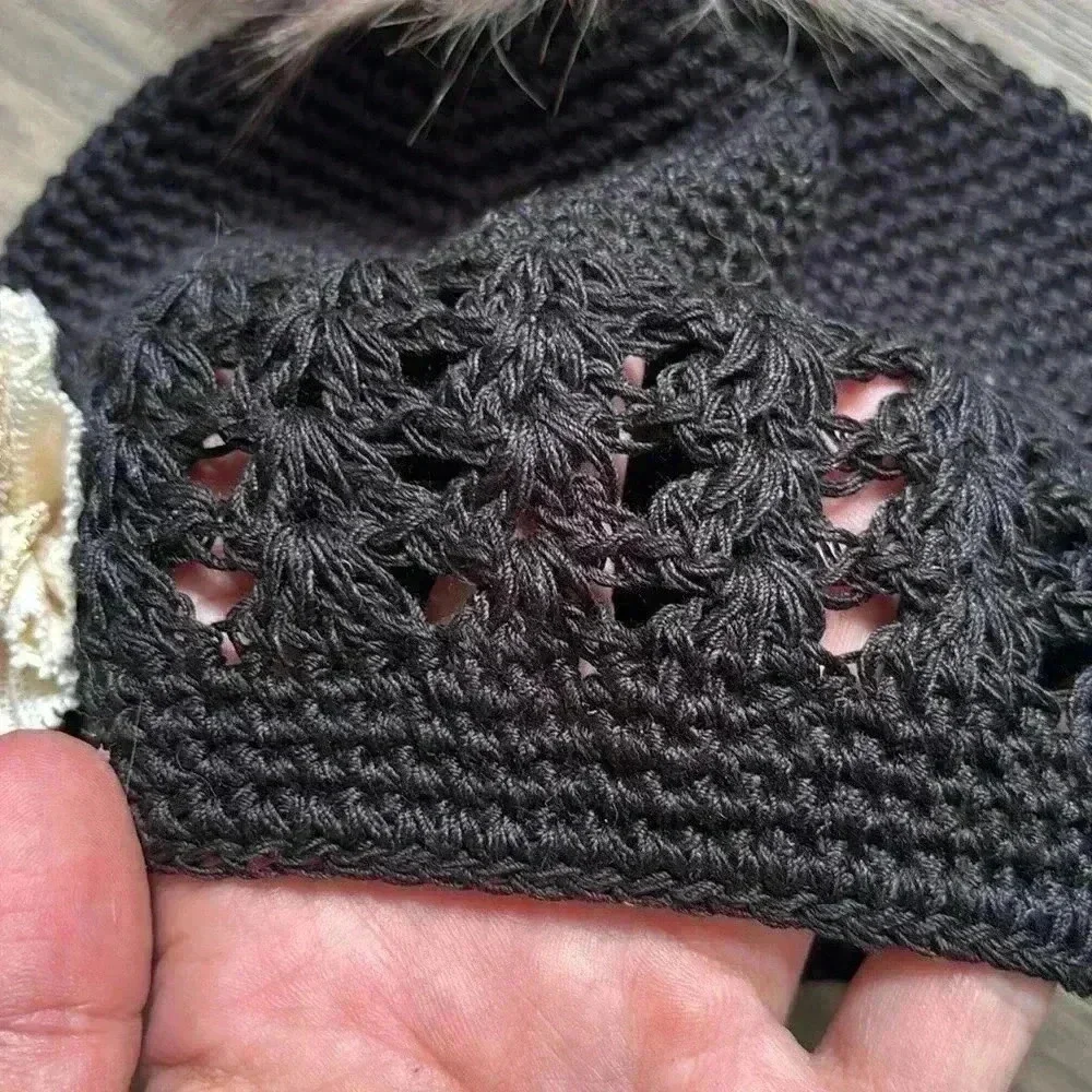 Hand crafted black crochet girls hat with flower and fuzzy pom pom - Picture 5 of 9